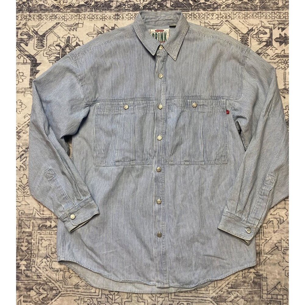 Vintage On The Brink Blue Striped Button Up Denim Shirt Mens Medium Shacket